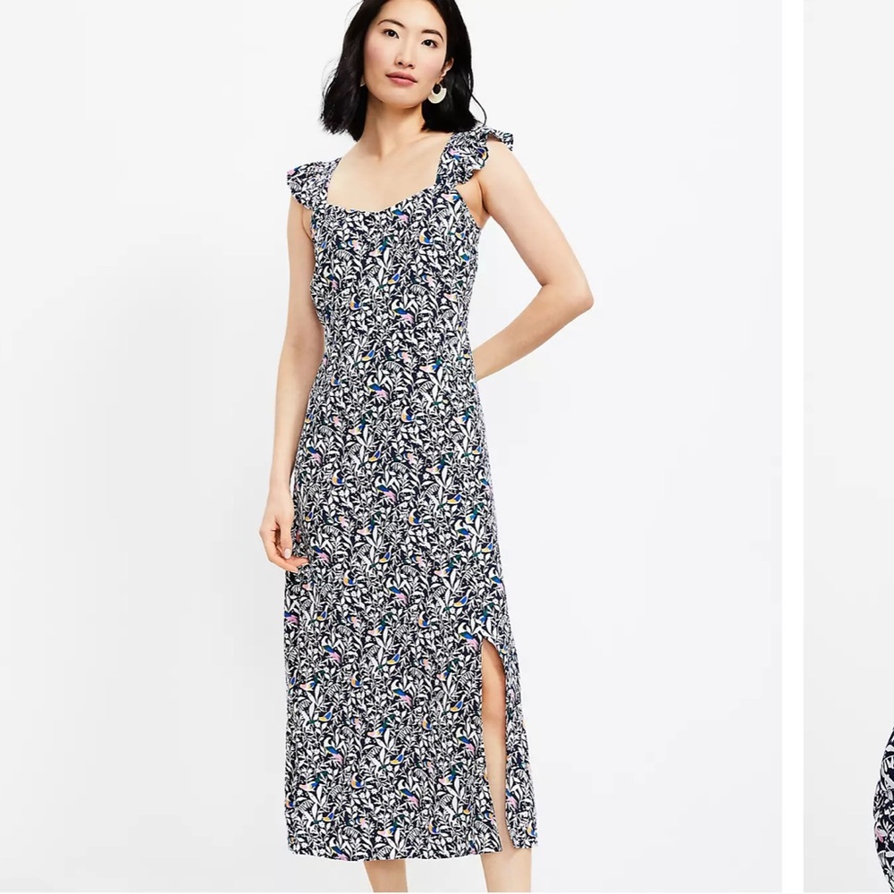 NWT Loft Boho Floral Bird Ruffle Shoulder Maxi Dress | Size 16